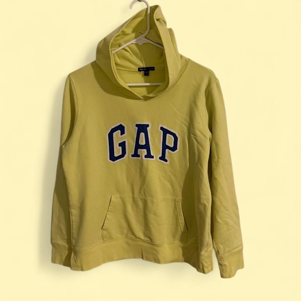 Gap hoodie womens M yellow spellout fleece applique pullover sweatshirt